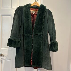 Vintage Henri Bendel Dark Green Suede Coat with faux fur